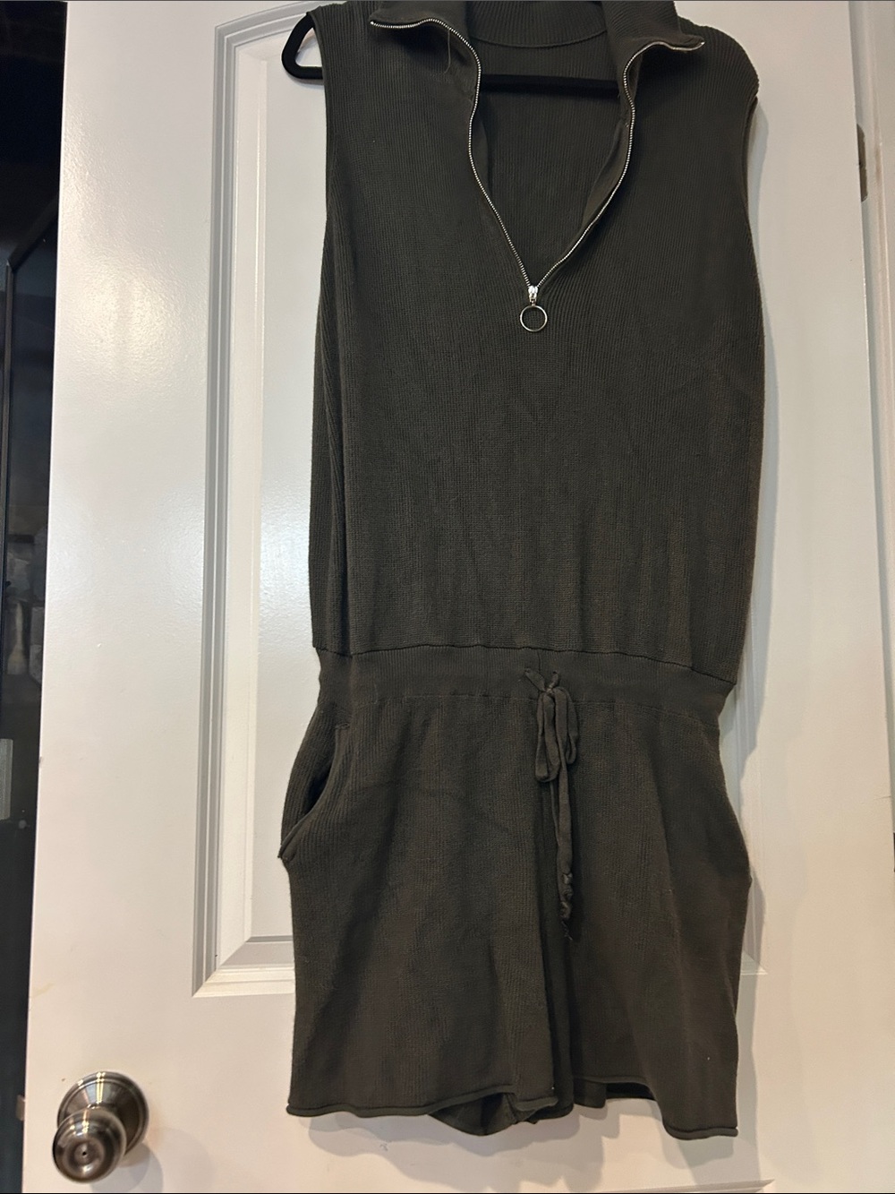 Sleeveless Zip-Neck Knit Romper in Olive Green